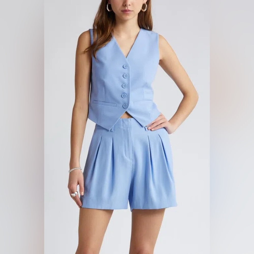Open Edit Waistcoat Vest and Pleated High Waist Trouser Short Set